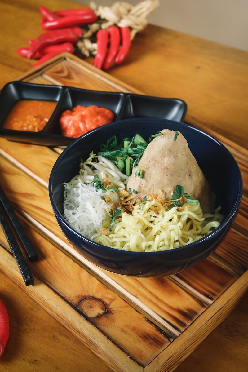 Delicious indonesian meatball noodle dish is ready to eat.